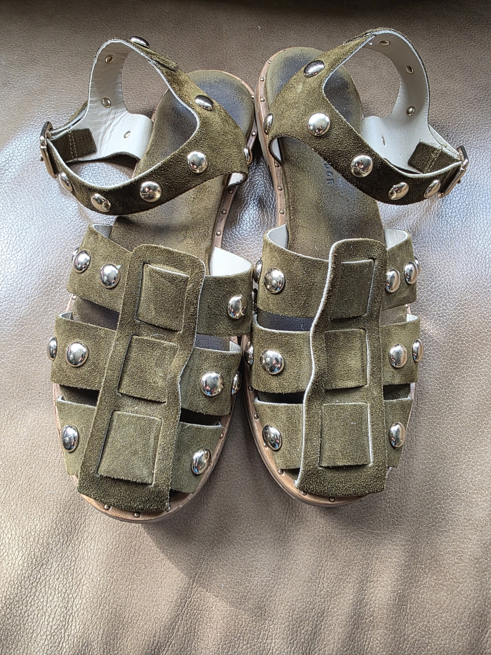 Freda Salvador Olive Green Suede Stud Sandals - Picture 3 of 7
